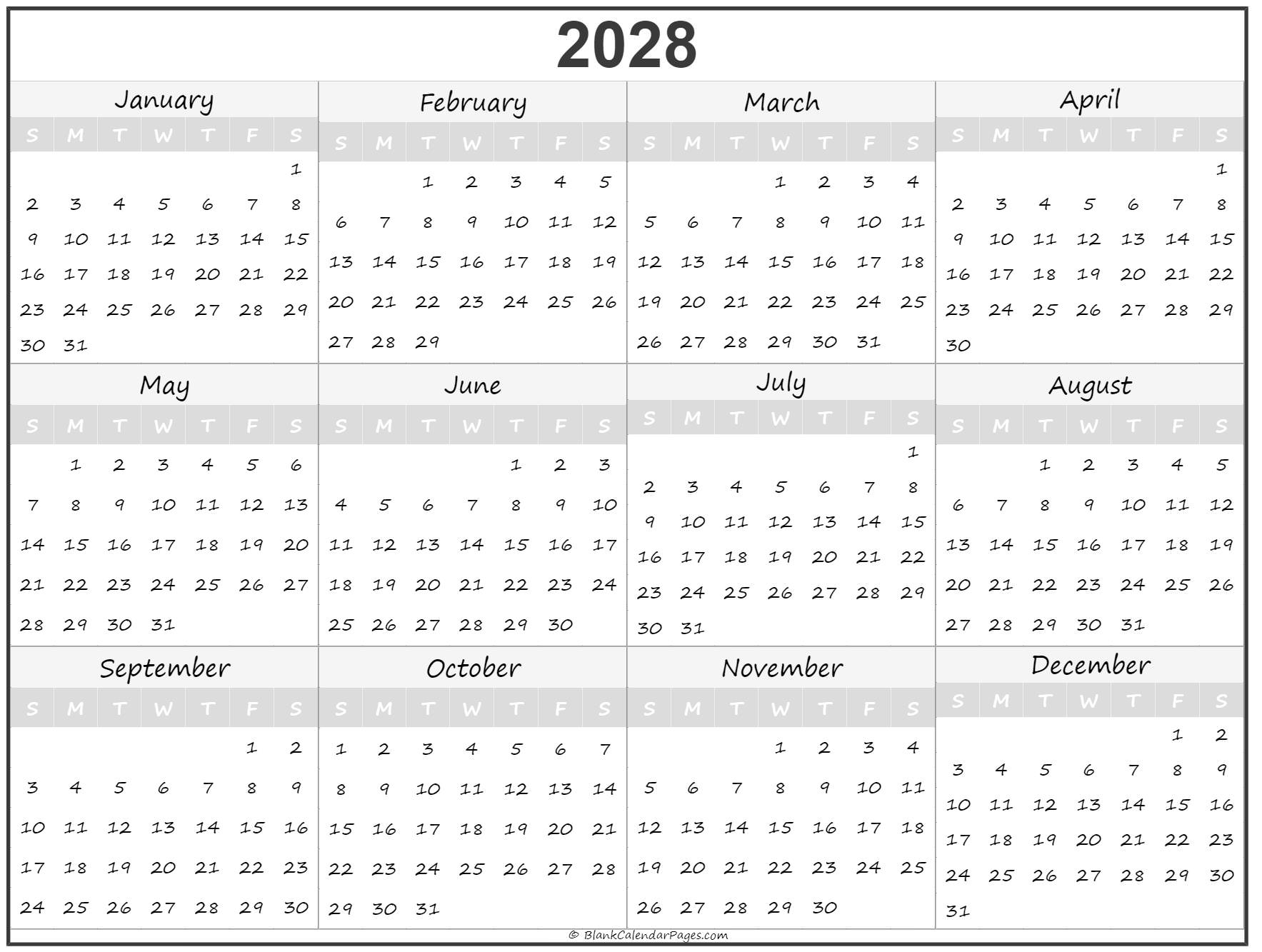 2028 Year Calendar Yearly Printable