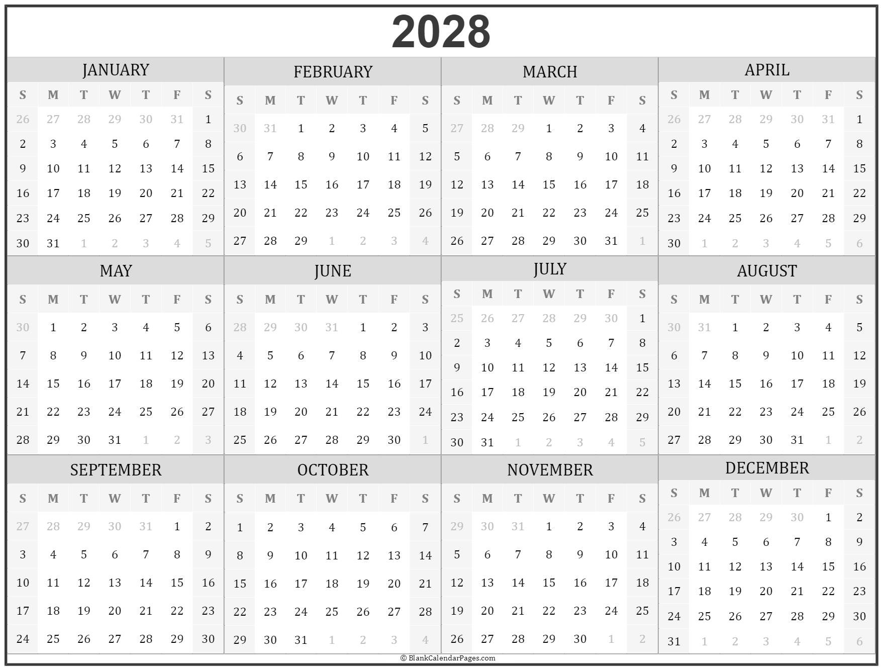 2028 Year Calendar Yearly Printable 2028 Year Calendar Yearly Printable