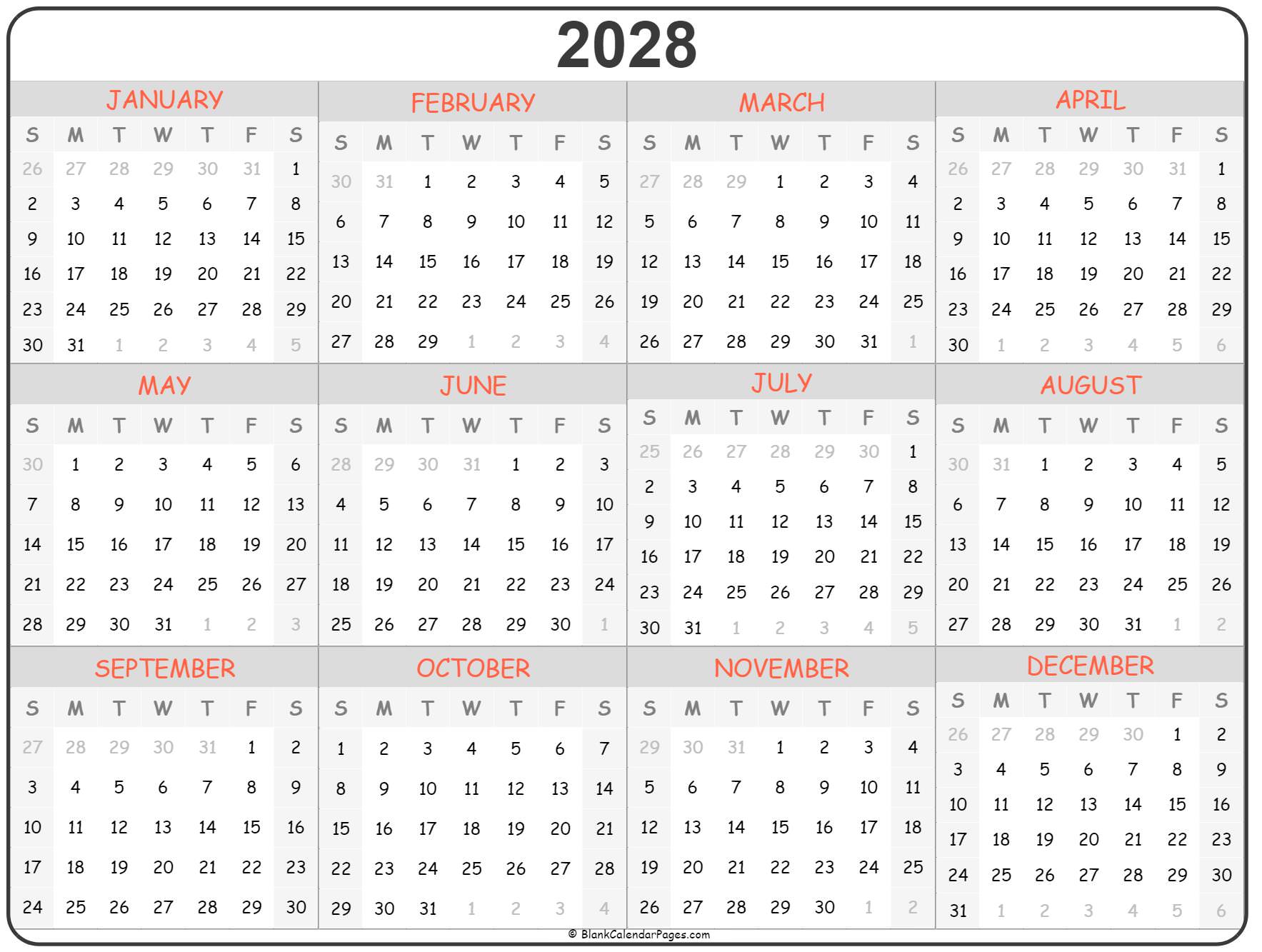 2028 Year Calendar Yearly Printable
